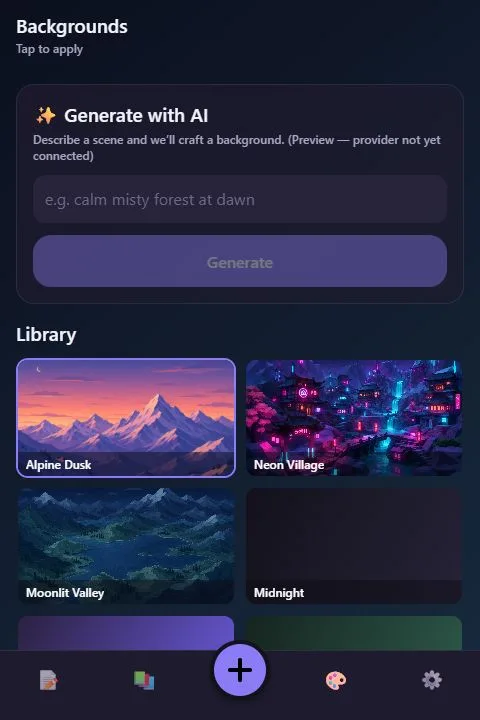 The actual diary prototype's background gallery with its implemented illustrated and gradient options.