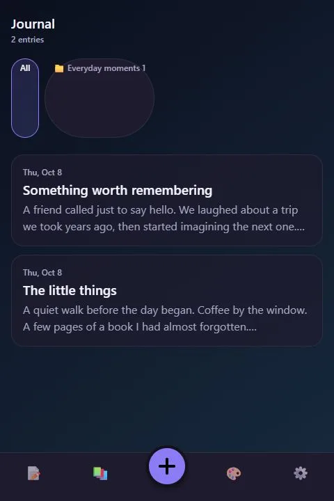 The actual diary prototype's Journal with fictional sample entries and a folder filter.
