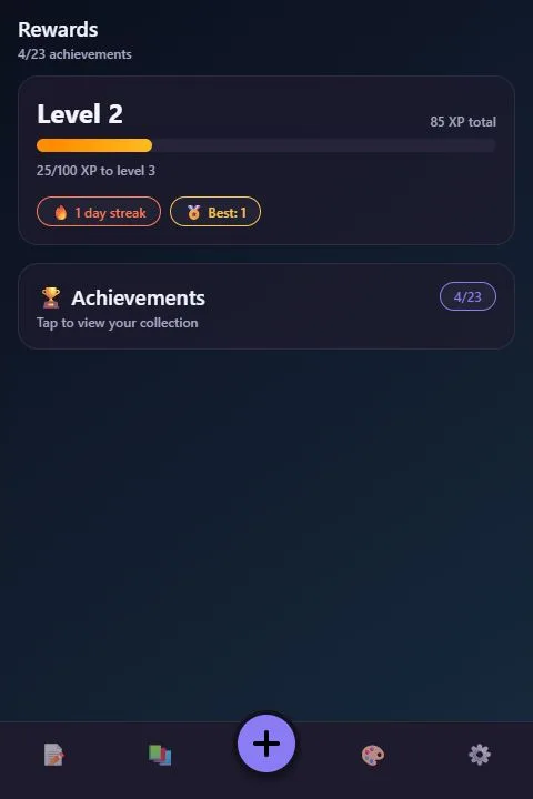 The actual diary prototype's rewards panel showing levels, XP and achievements for sample activity.