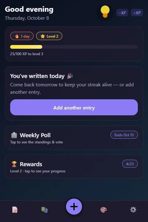 The actual diary prototype Today screen showing a writing prompt and sample writing progress.