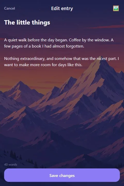 The actual diary prototype's entry editor with a fictional journal entry and the Alpine Dusk background.